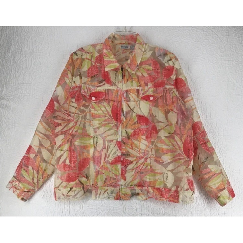 Keneth too! Shirt Jacket Size 1X Sheer Long Sleeve Full Zip Multicolor Leaf